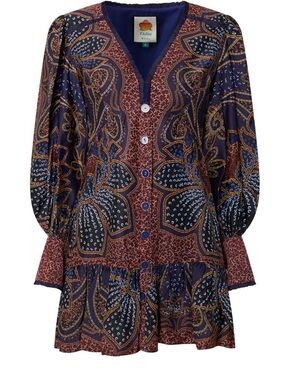 FARM Rio Navy and Rust Paisley Button-Front Mini Dress